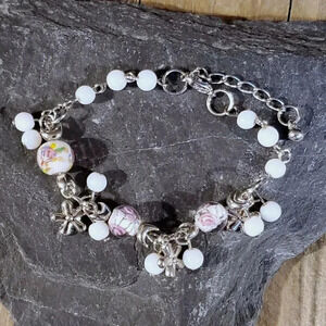 Vintage Murano Glass Beads White Silver Charm Bracelet Style A